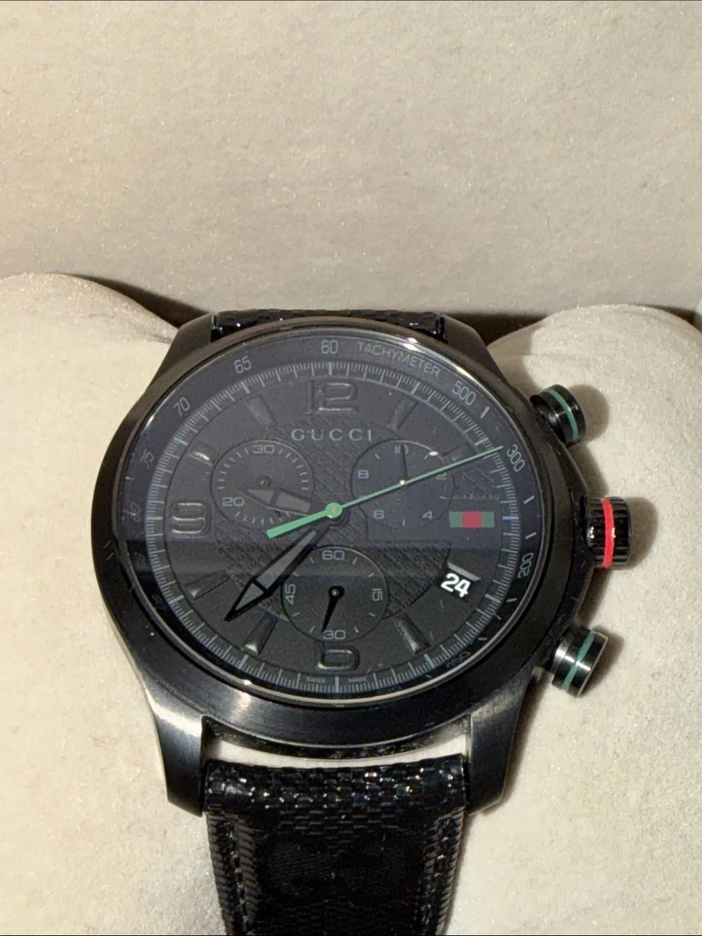 Gucci Black Dial Men's Chronograph Watch with Green Accents in original box NWT